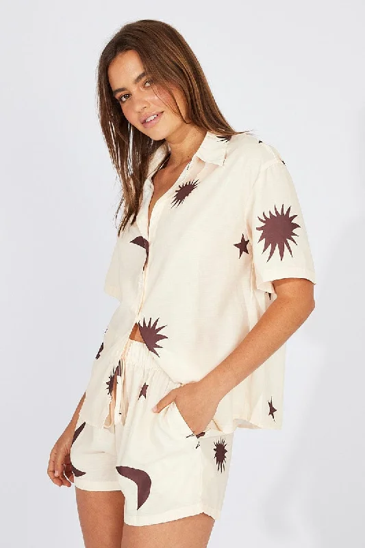 Beige Print Oversized Shirt and Pull on Shorts Set