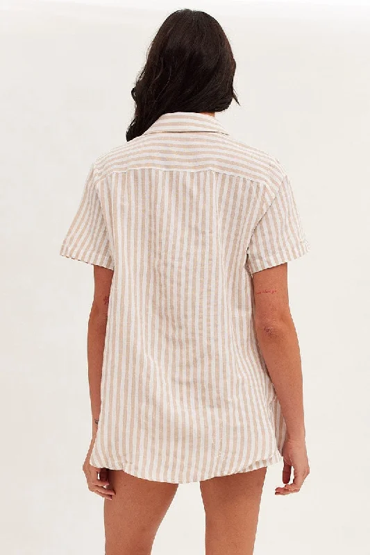 Beige Stripe Oversized Shirt Short Sleeve Collared Button Up