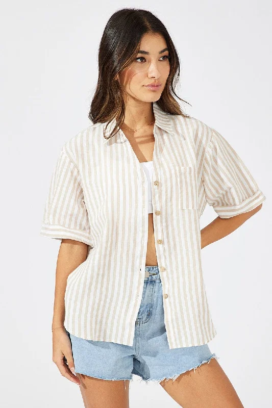 Beige Stripe Shirt Short Sleeve Collared Neck