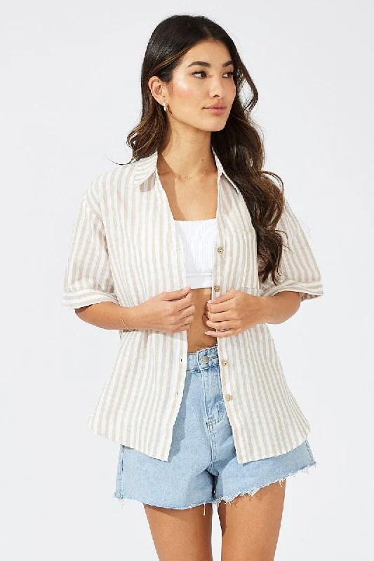 Beige Stripe Shirt Short Sleeve Collared Neck