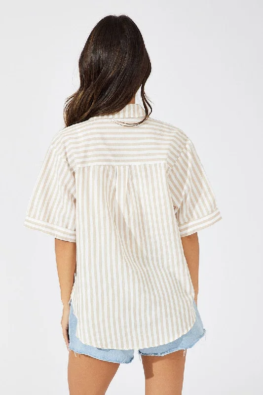 Beige Stripe Shirt Short Sleeve Collared Neck