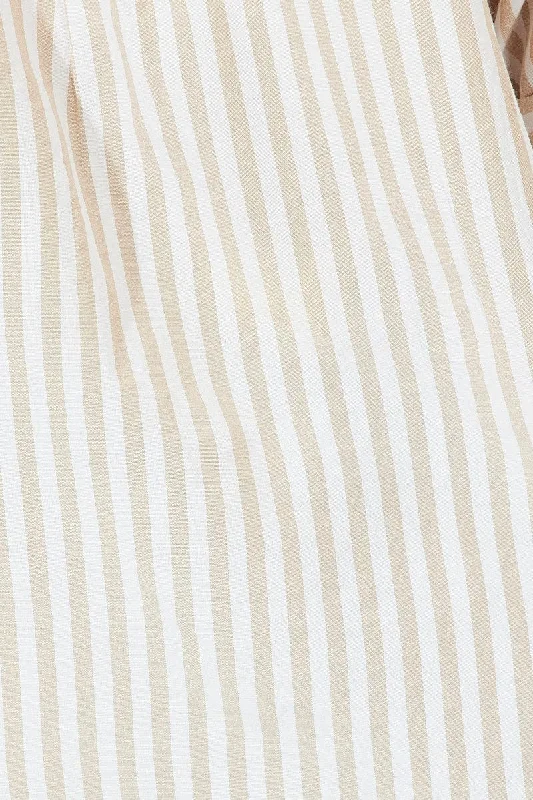 Beige Stripe Shirt Short Sleeve Collared Neck