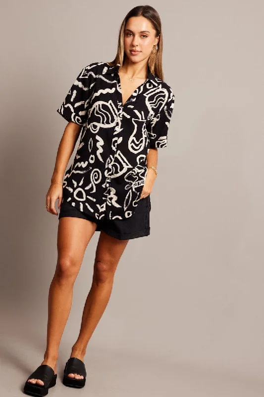 Black Abstract Relaxed Shirt Short Sleeve V-Neck