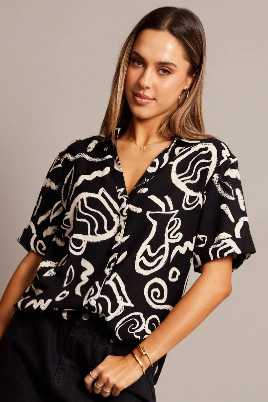 Black Abstract Relaxed Shirt Short Sleeve V-Neck