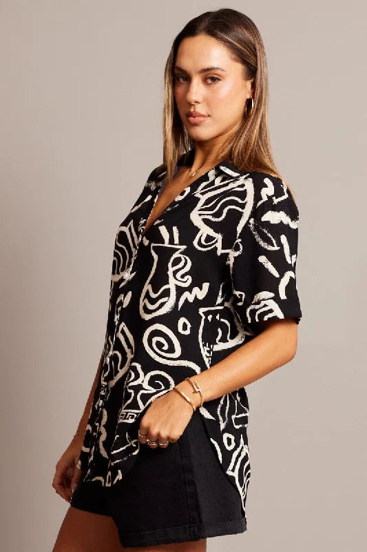 Black Abstract Relaxed Shirt Short Sleeve V-Neck