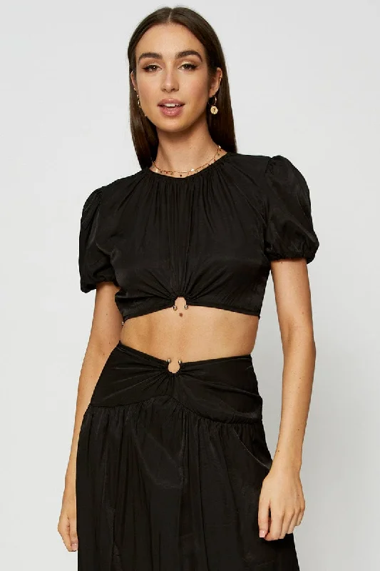 Black Crop Blouse Short Sleeve