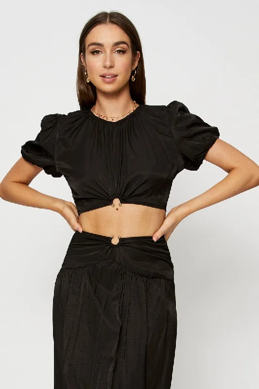 Black Crop Blouse Short Sleeve