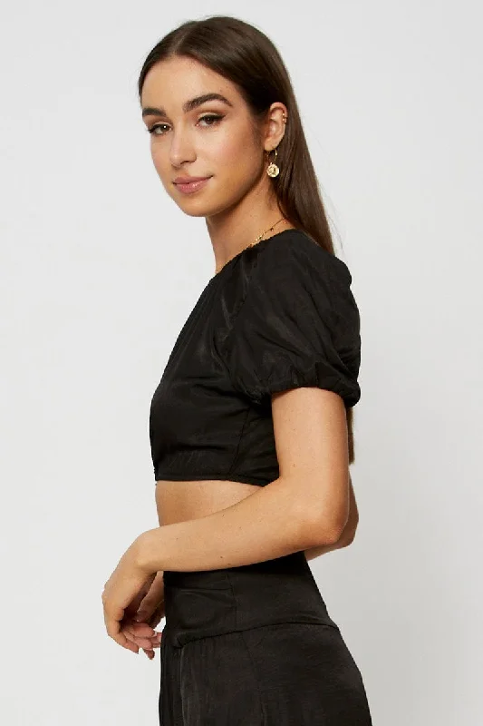 Black Crop Blouse Short Sleeve