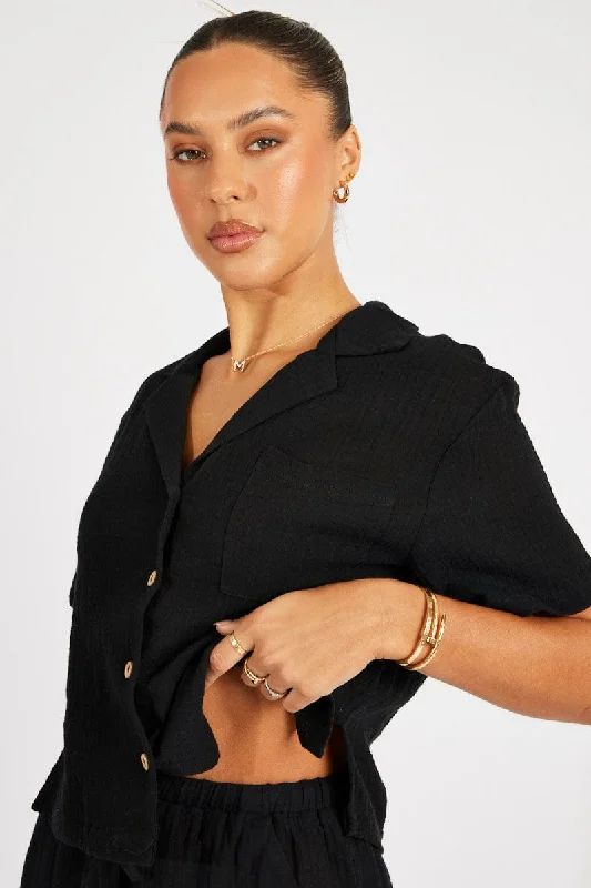 Black Crop Shirt Short Sleeve