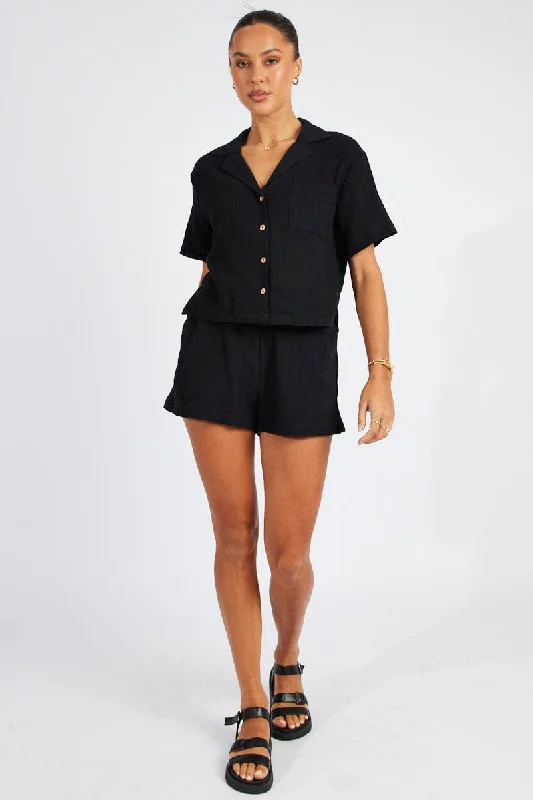 Black Crop Shirt Short Sleeve