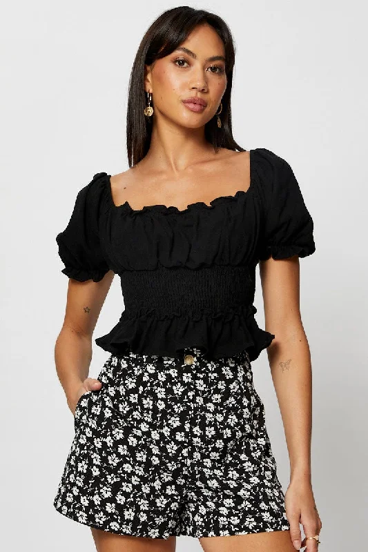 Black Crop Shirts Short Sleeve