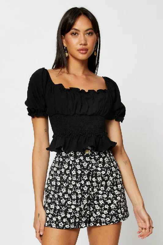 Black Crop Shirts Short Sleeve