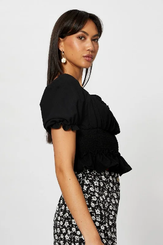 Black Crop Shirts Short Sleeve