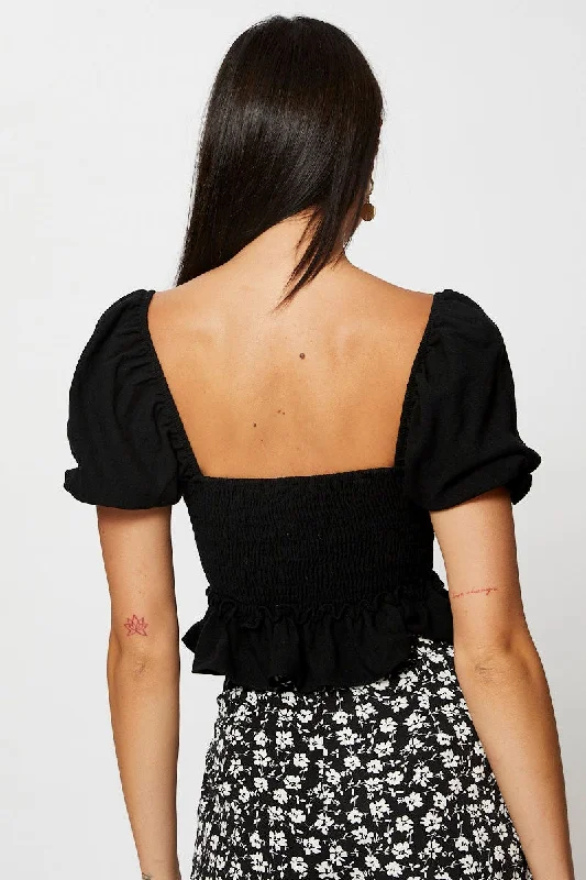 Black Crop Shirts Short Sleeve