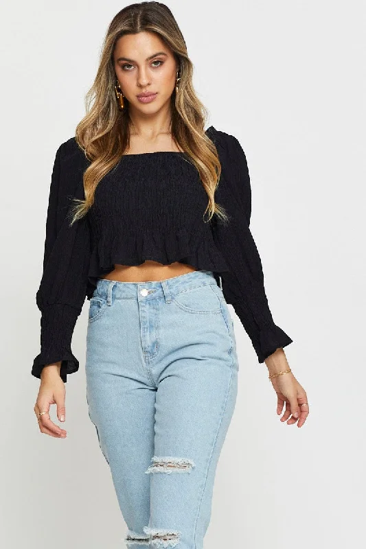 Black Peasant Blouse Long Sleeve Crop