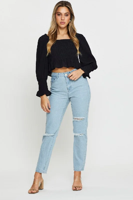 Black Peasant Blouse Long Sleeve Crop