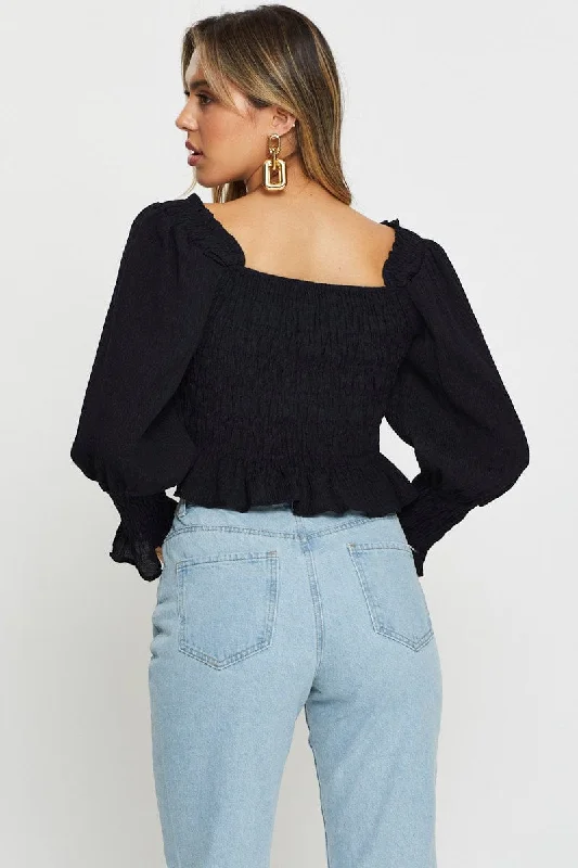 Black Peasant Blouse Long Sleeve Crop