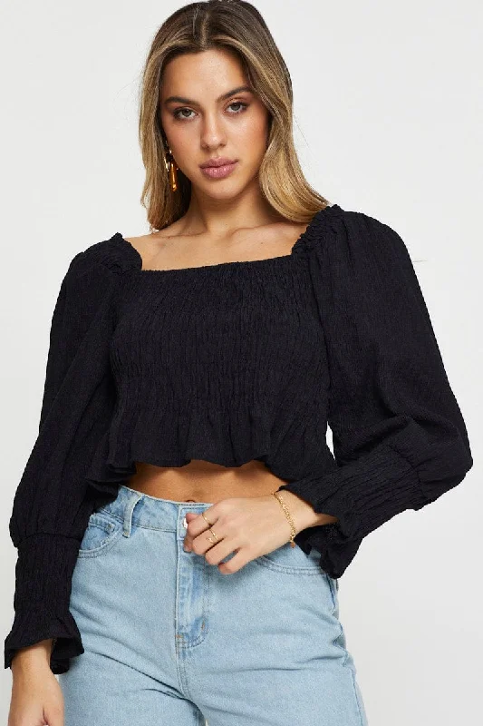 Black Peasant Blouse Long Sleeve Crop