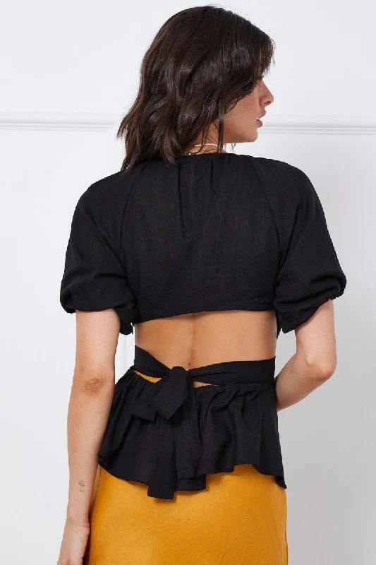 Black Peplum Blouse Short Sleeve Linen