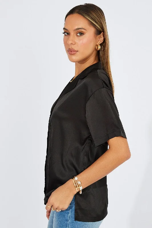 Black Satin Shirt Short Sleeve