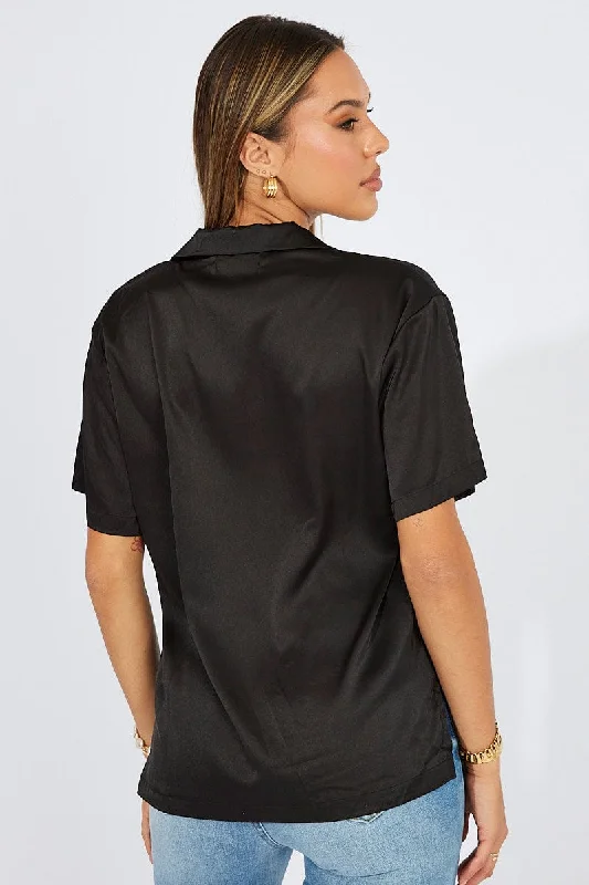 Black Satin Shirt Short Sleeve