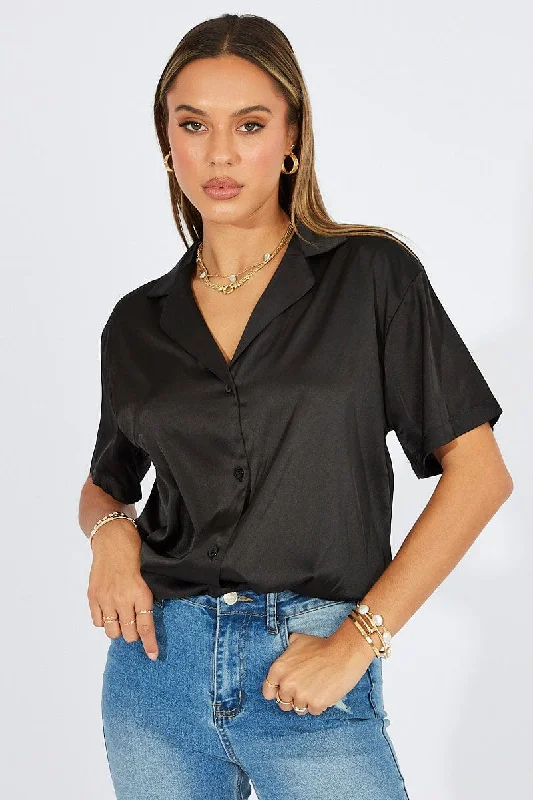 Black Satin Shirt Short Sleeve