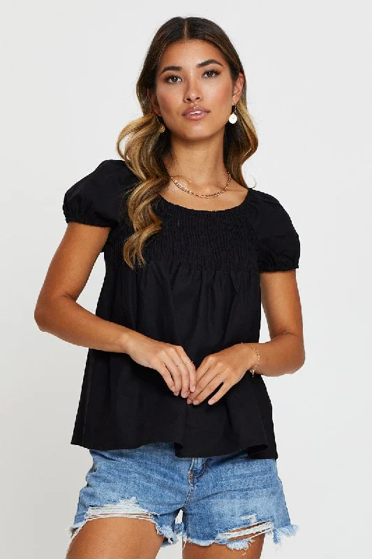 Black Shirred Short Sleeve Top