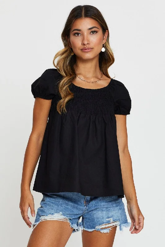 Black Shirred Short Sleeve Top