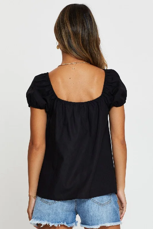 Black Shirred Short Sleeve Top