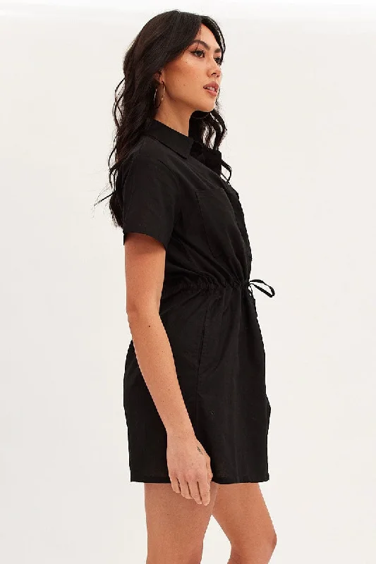 Black Shirt Dress Pocket Short Sleeve Button Front