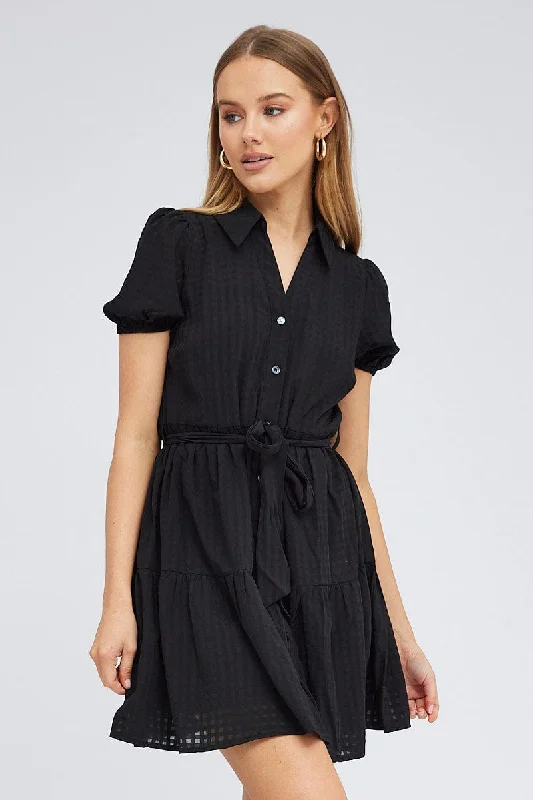 Black Shirt Dress Short Sleeve Tiered