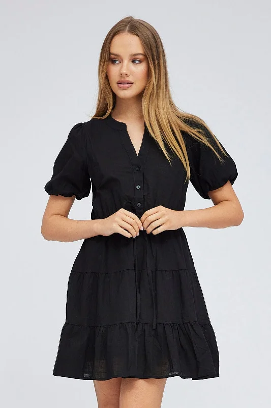 Black Shirt Dress Short Sleeve Tiered