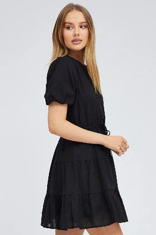 Black Shirt Dress Short Sleeve Tiered