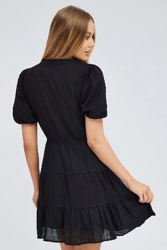 Black Shirt Dress Short Sleeve Tiered