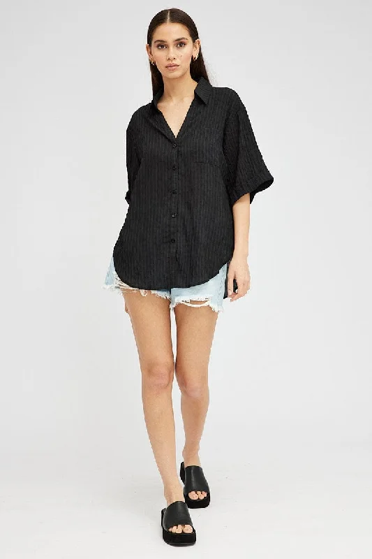 Black Shirt Short Sleeve Collared Neck