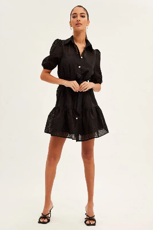 Black Shirts Dress Collard Half Sleeve Mini Dress