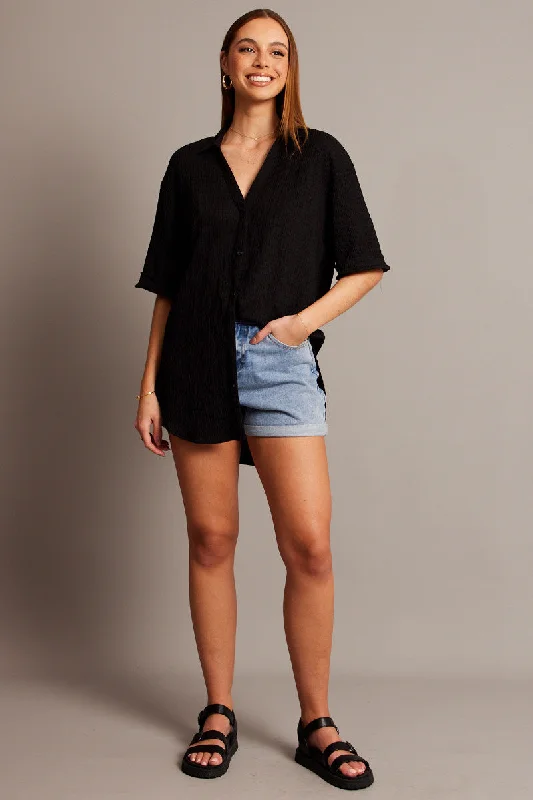 Black Textured Shirt Short Sleeve