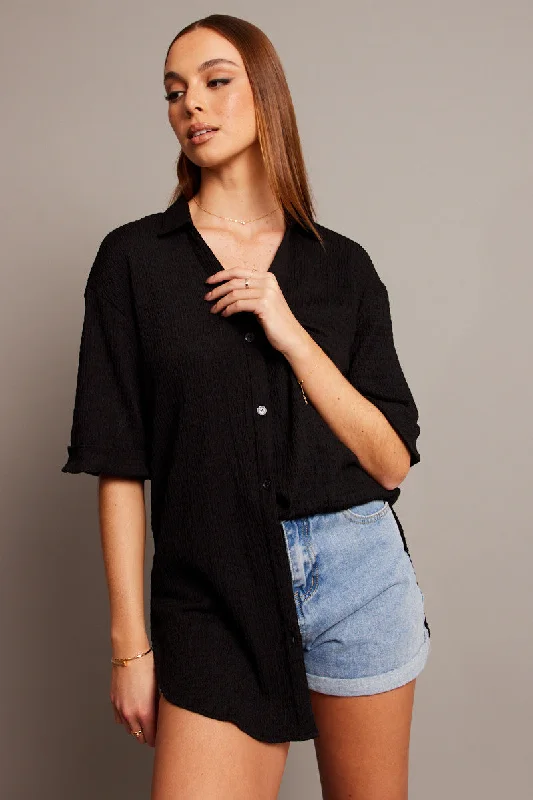 Black Textured Shirt Short Sleeve