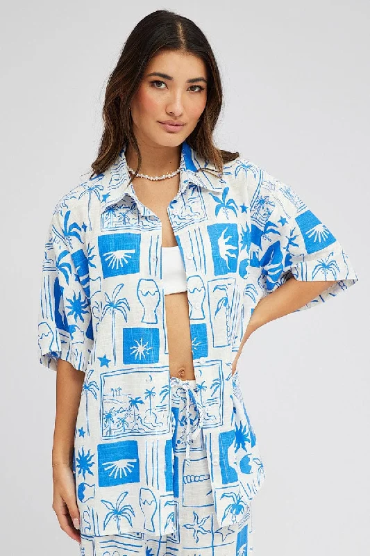 Blue Abstract Linen Shirt Short Sleeve