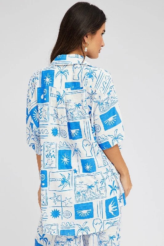 Blue Abstract Linen Shirt Short Sleeve