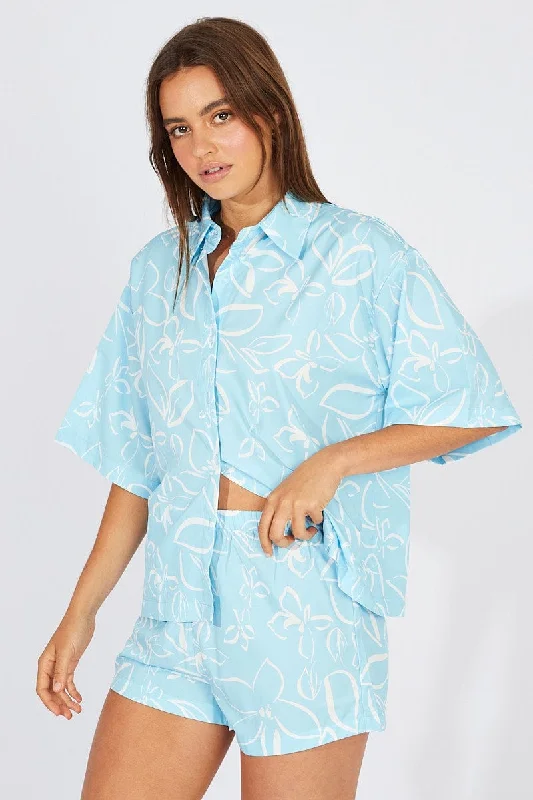 Blue Abstract Oversized Shirt and Pull on Shorts Set