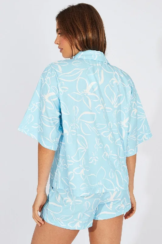 Blue Abstract Oversized Shirt and Pull on Shorts Set