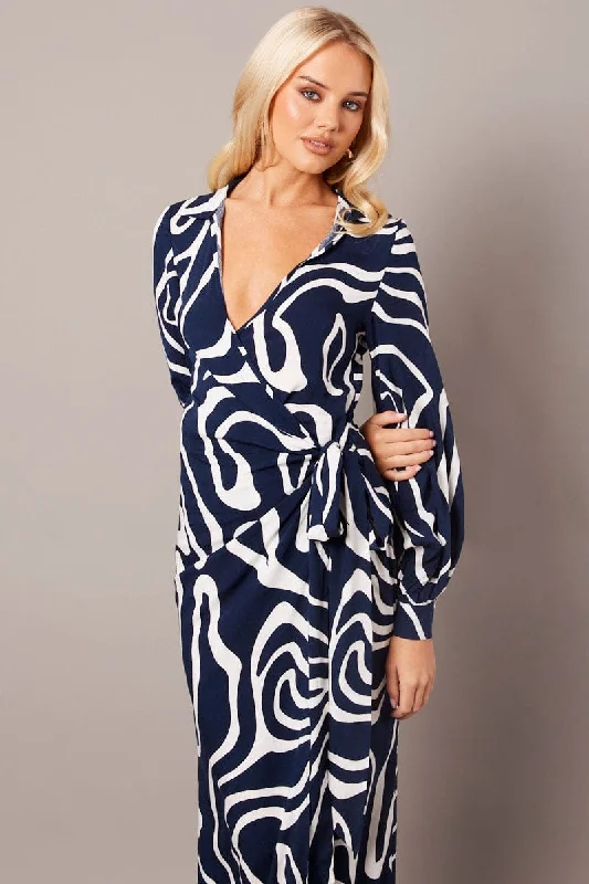 Blue Abstract Wrap Maxi Dress Shirt Dress