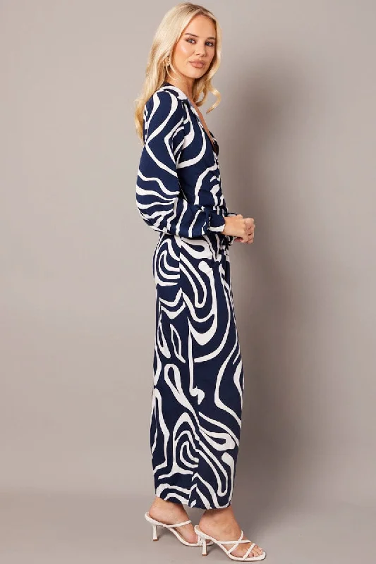 Blue Abstract Wrap Maxi Dress Shirt Dress