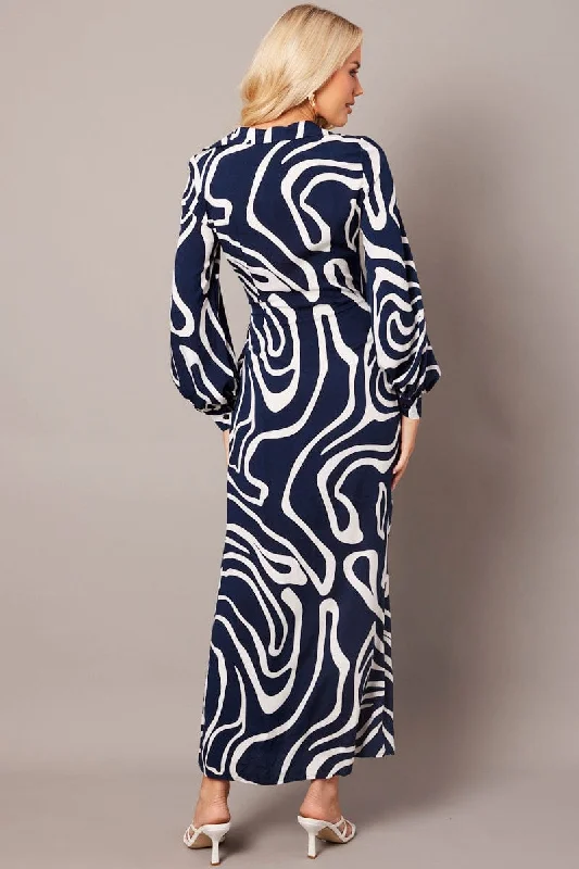 Blue Abstract Wrap Maxi Dress Shirt Dress