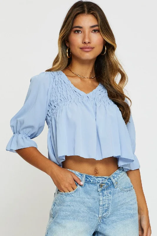 Blue Crop Blouse Short Sleeve Round Neck