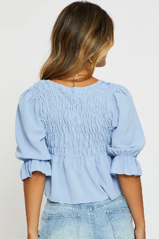 Blue Crop Blouse Short Sleeve Round Neck