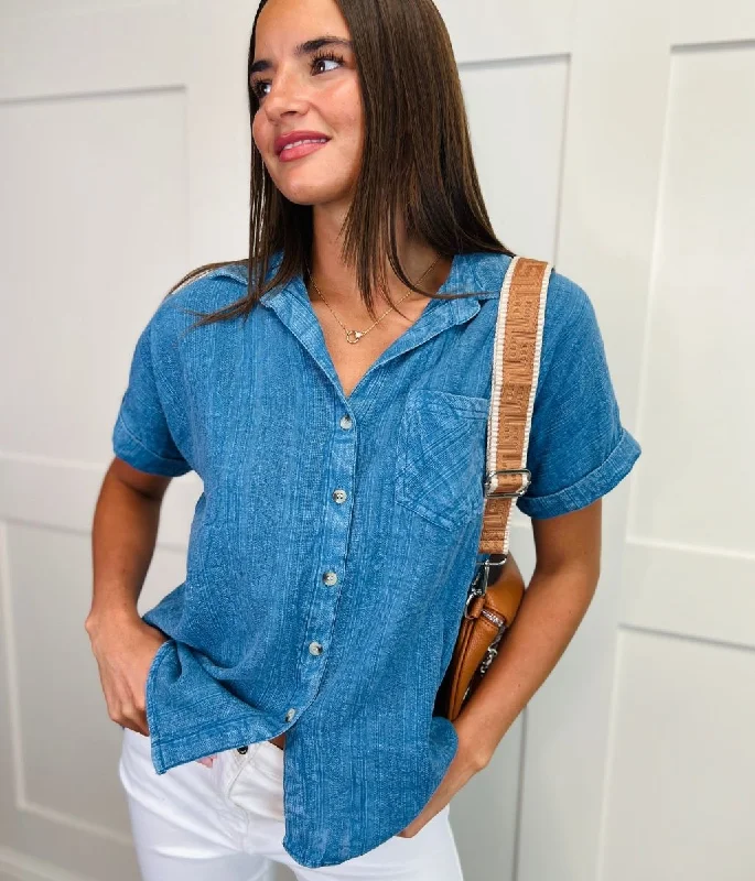 Blue Denim Short Sleeve Cotton Shirt