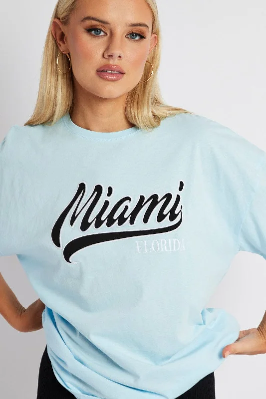 Blue Embroidery Baby Tee Slogan Crop T-shirt