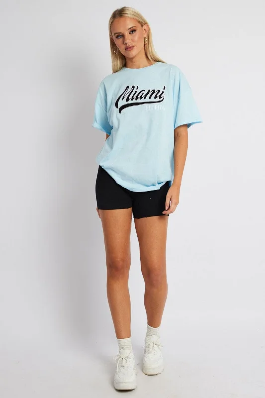 Blue Embroidery Baby Tee Slogan Crop T-shirt